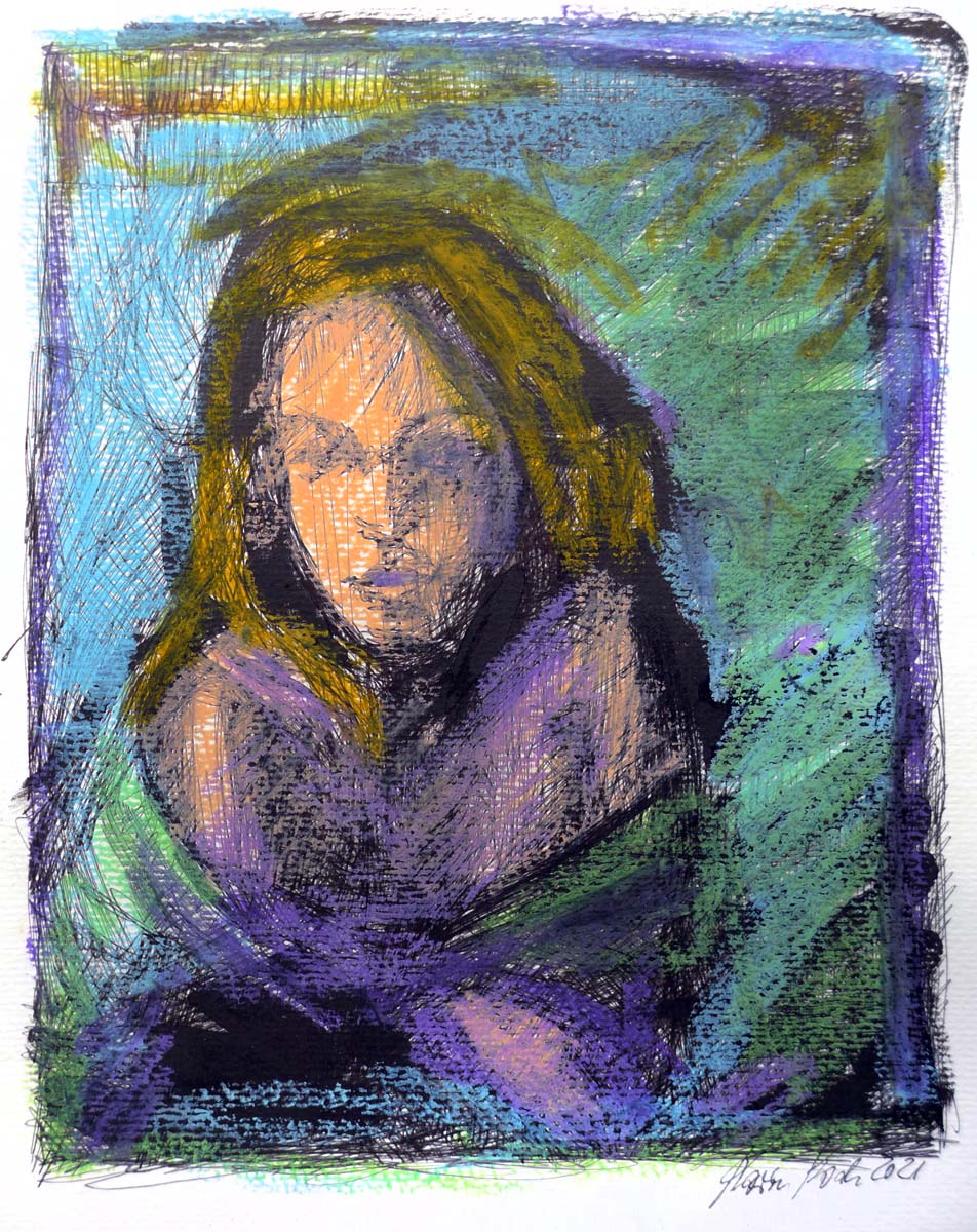 Junge Frau, Ölkreide und Filzstift auf Karton, 20 x 25 cm